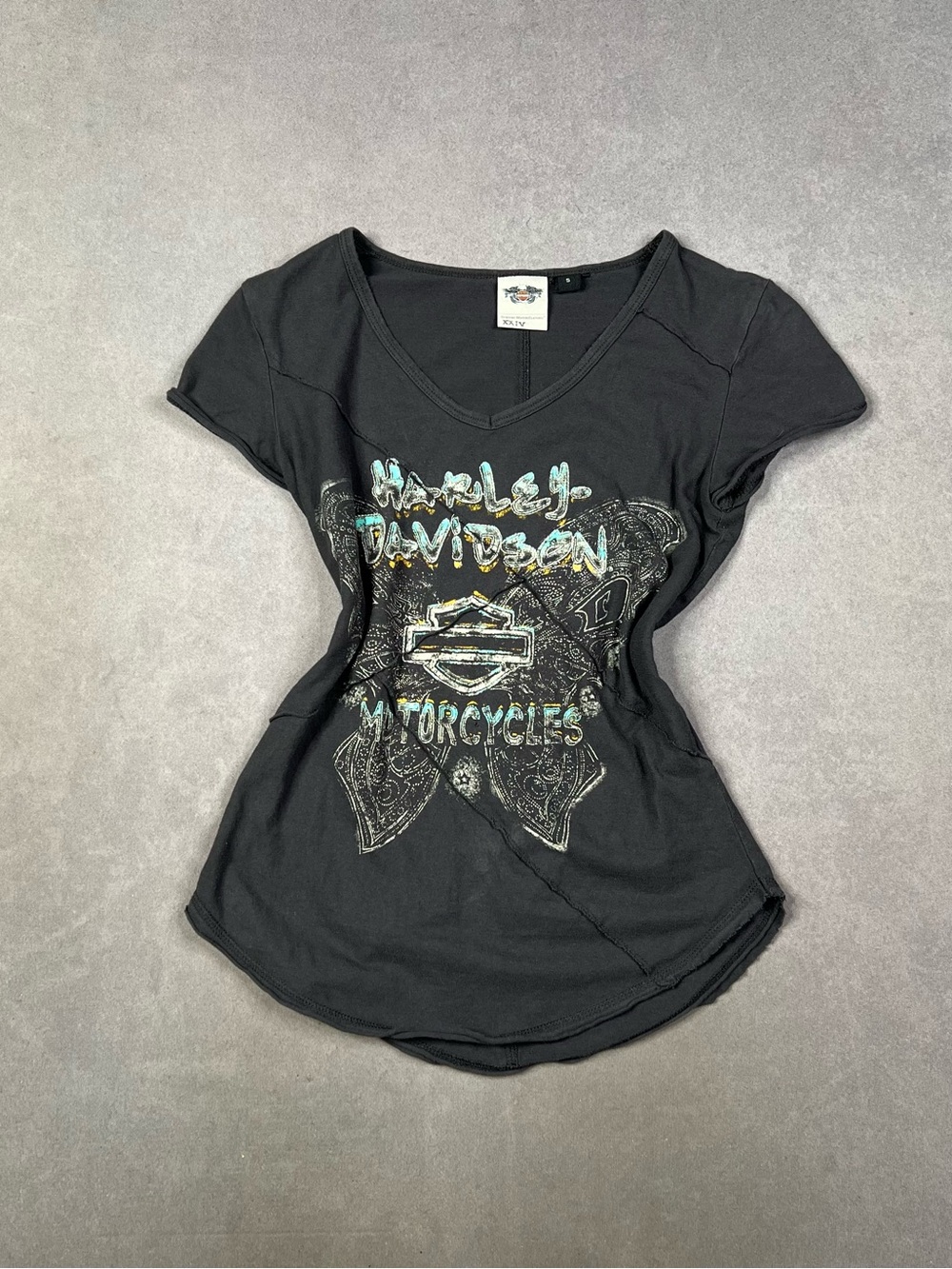 Harley-Davidson Black V-Neck Tee with Metallic Aqua Graphic